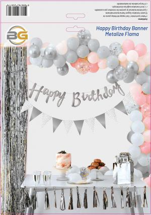 Happy Birthday Banner - Metalize Flama (Gümüş)