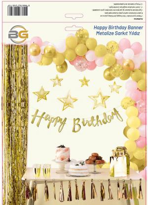 Happy Birthday Banner - Metalize Yıldız Sarkıt Set (Gold)