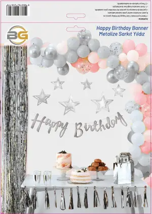 Happy Birthday Banner - Metalize Yıldız Sarkıt Set (Gümüş)