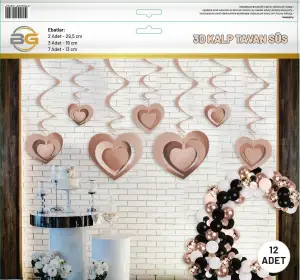 3D Kalp Tavan Süs 12 Adet (Rose)