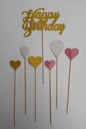 Eva Happy Birthday Yazı ve Cupcake Kürdan Kalpli Gold