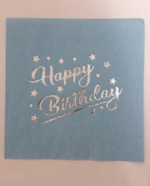 Yaldızlı Happy Birthday Mavi-Gümüş Peçete