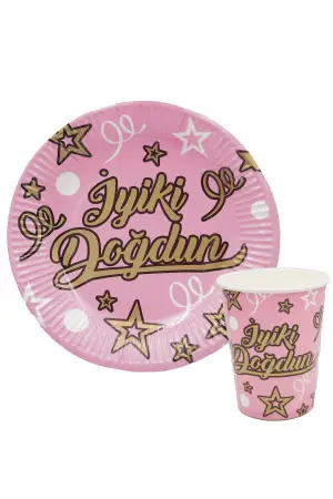 İyi Ki Doğdun Tabak + Bardak Set (Pembe)