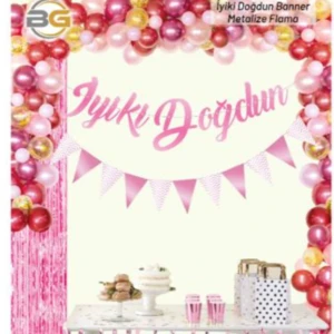 İyi Ki Doğdun El Yazılı Banner + Flama Set Pembe