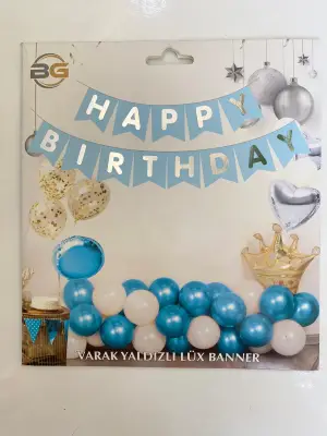 Happy Birthday Varak Yaldızlı Lüx Banner Mavi - Gümüş