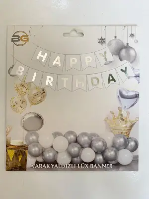 Happy Birthday Varak Yaldızlı Lüx Banner Beyaz - Gümüş