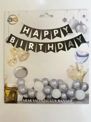 Happy Birthday Varak Yaldızlı Lüx Banner Siyah - Gümüş