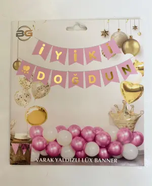 İyi Ki Doğdun Varak Yaldızlı Lüx Banner Pembe - Gold