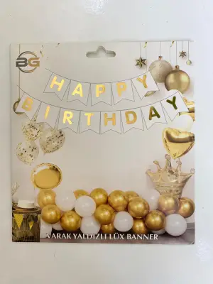 Happy Birthday Varak Yaldızlı Lüx Banner Beyaz - Gold