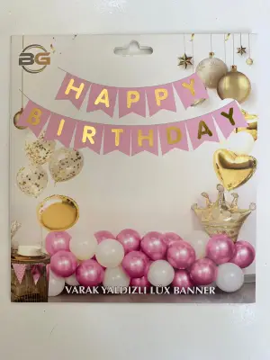 Happy Birthday Varak Yaldızlı Lüx Banner Pembe - Gold