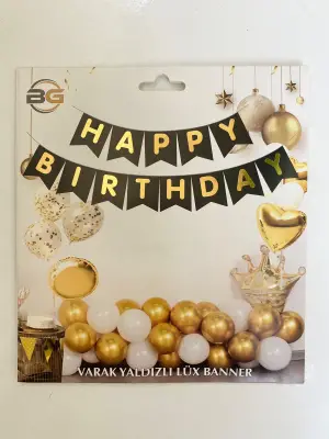 Happy Birthday Varak Yaldızlı Lüx Banner Siyah - Gold