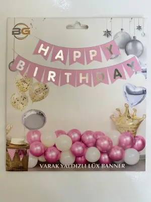 Happy Birthday Varak Yaldızlı Lüx Banner Pembe - Gümüş