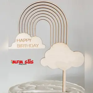 Ahşap Bulut Happy Birthday Pasta Yazı 