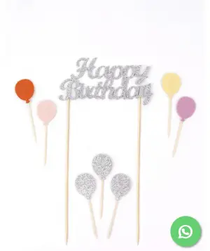 Eva Happy Birthday Yazı ve Cupcake Kürdan Balonlu Gümüş