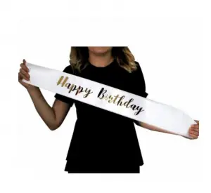 Happy Birthday  Kuşak 200 cm Beyaz - Gold Saten Kumaş Varak Modifli