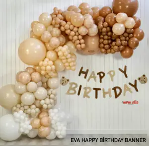 Eva Ayıcık Happy Birthday Kahve - Kum Bej Banner 