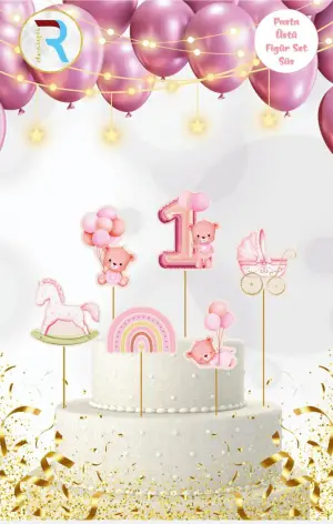 1 Yaş Pasta Üstü Figür Set Pembe 10 Paket