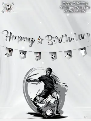 Happy Birthday Siyah - Beyaz Kaligrafik Banner + Bayrak 2'li Set