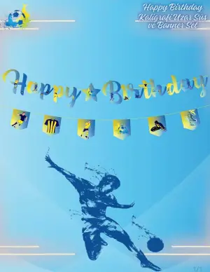 Happy Birthday Sarı - Lacivert Kaligrafik Banner + Bayrak 2'li Set