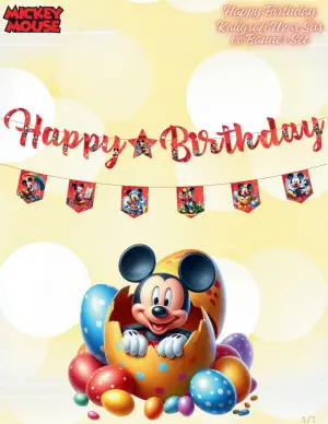 Happy Birthday Mickey Mouse Kaligrafik Banner + Bayrak 2'li Set