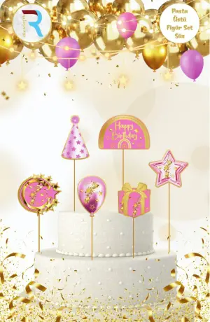 Happy Bırthday Pasta Üstü Figür Set Pembe 10 Pk.