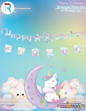 Happy Birthday Unicorn Kaligrafik Banner + Bayrak 2'li Set