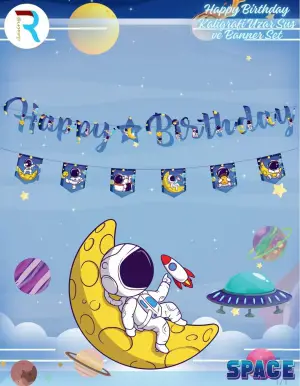 Happy Birthday Uzay Kaligrafik Banner + Bayrak 2'li Set