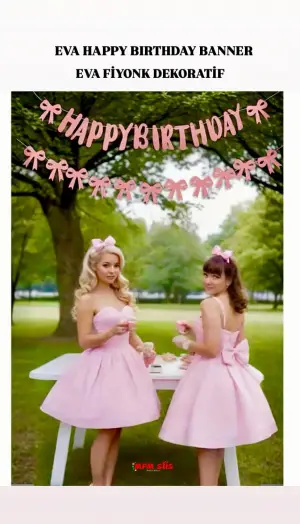 Fiyonklu Eva Happy Birthday Banner + 12'li Eva Fiyonk Dekoratif 2'Lİ Set