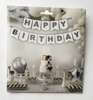 Happy Birthday Varak Yaldızlı Lüx Banner Beyaz - Gümüş