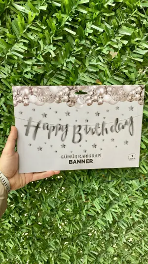 Happy Bırthday Kaligrafik Banner Gümüş