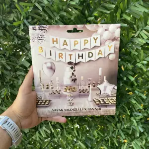 Happy Birthday Varak Yaldızlı Lüx Banner Beyaz - Gold